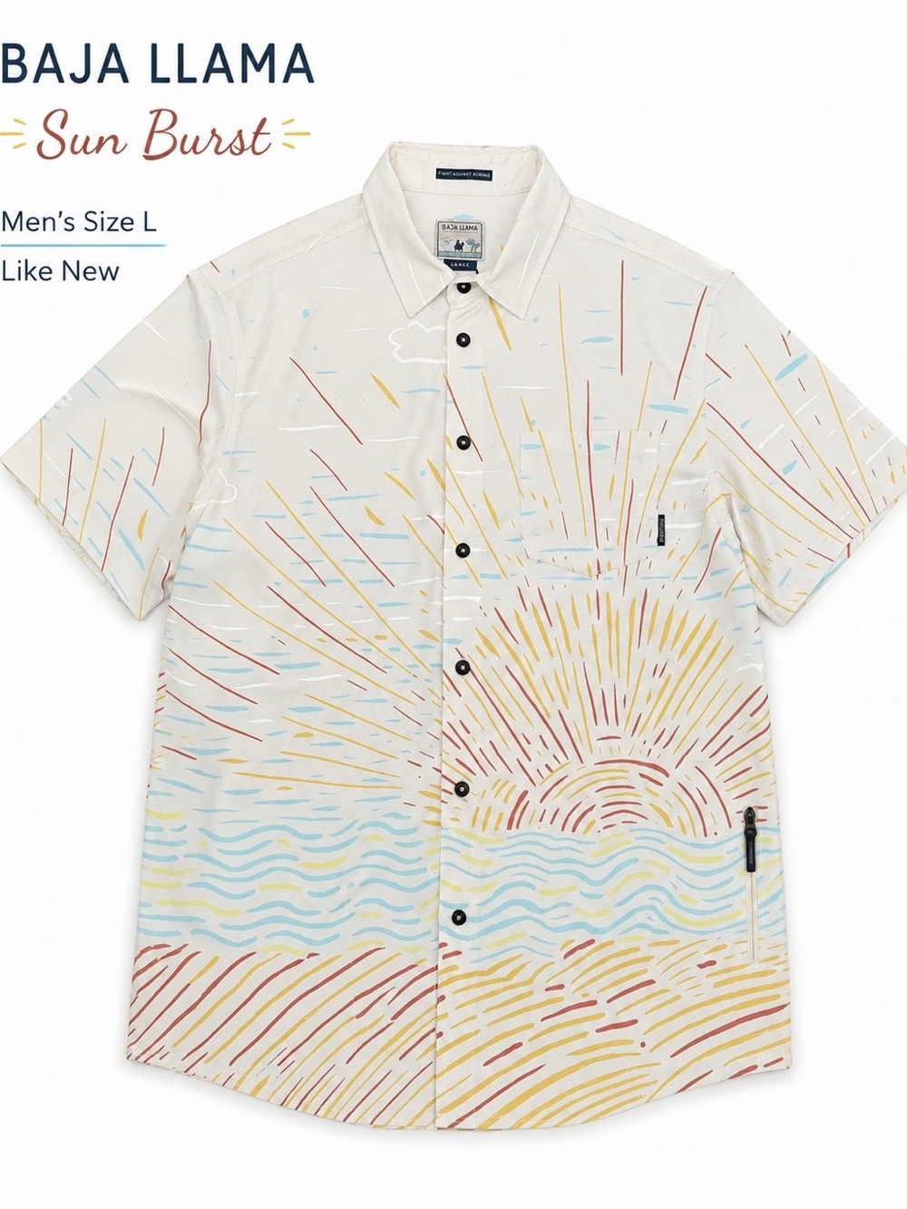 Men’s BAJA LLAMA “Sun Burst” Short Sleeve Button-Up Shirt | Size L | Like New